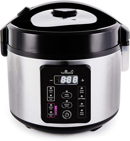 Yum Asia Kumo YumCarb Rice Cooker with Ceramic Bowl and Advanced Fuzzy Logic, (5.5 Cups, 1 Litre), 5 Rice Cooking Functions, 3 Multicooker Functions, 110V US Power (Light Stainless Steel)