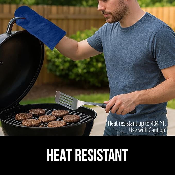 GORILLA GRIP BPA-Free Soft Silicone Oven Mitts, Heat Resistant and Waterproof Cooking Gloves, Thick Cotton Lining, Flexible Gripping for Baking Grilling, Kitchen Potholders Set of 2, 12.5x8.3, Blue