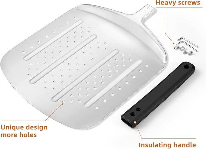 MANJIA Perforated Pizza Peel – 12 inch Aluminum Pizza Paddle with Rocker Cutter Storage Bag – Lightweight Nonstick Metal Pizza Paddle Set for Homemade Baking Pizza Oven & Stone (silver)