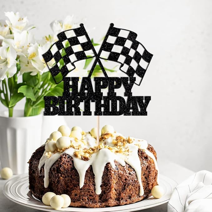 Race Car Cake Topper - Checkered Flag, Glitter, Happy Birthday Theme Cake Decor