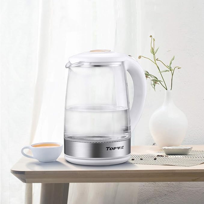 Topwit Electric Kettle Glass Electric Tea Kettle, 2L BPA-Free Hot Water kettle, Stainless Steel Inner Lid and Bottom Water Warmer, Fast Heating with Auto Shut-Off and Boil Dry Protection, White