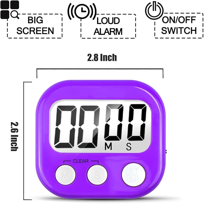 2 Pack Digital Kitchen Timer for Cooking Big Digits Loud Alarm Magnetic Backing Stand Cooking Timers for Baking Purple
