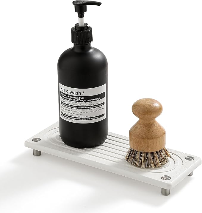 Water Absorbing Stone Sink Caddy, Diatomite Kitchen Sink Organizer, Bathroom Counter Tray, Faucet Drying Mat Coaster Soap Dish Rack Riser Dispenser Sponge Holder, Silver, White 10" x 4"