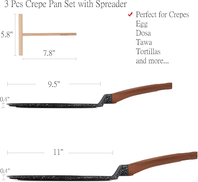 ESLITE LIFE Nonstick Crepe Pan Set with Spreader, 9.5 & 11 Inch Granite Coating Flat Skillet Dosa Tawa Comales Para Tortillas Pancake Pan, PTFE & PFOA Free, Black