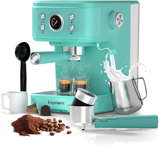 Espresso Machine Latte Coffee Makers 20 Bar, 2 IN 1 Professional Cappuccino Machine and Milk Frother Steam Wand Compatible for NS Original Capsules for Home Brewing - Blue