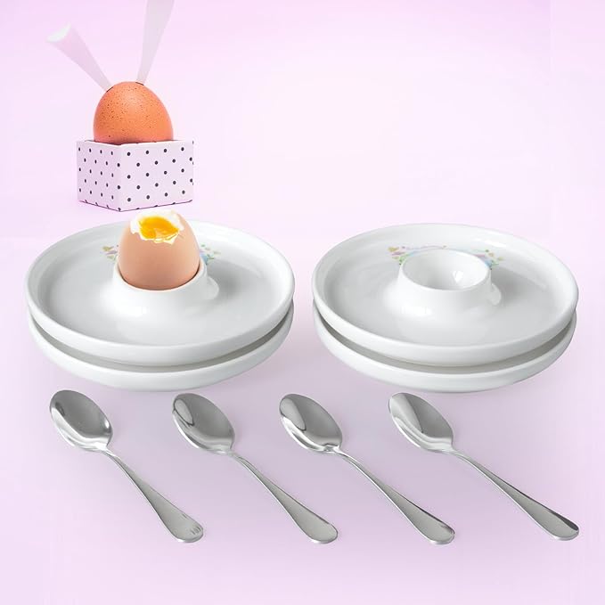 Cinf EggHolder & Spoon Set 4 Ceramic Egg Holders + 4 SS Spoons Breakfast Plate Easter Rabbit 5.5'' Food Container Egg Tray Dinner Serving for Hard Boiled Eggs, Easter & Deserts Kitchen