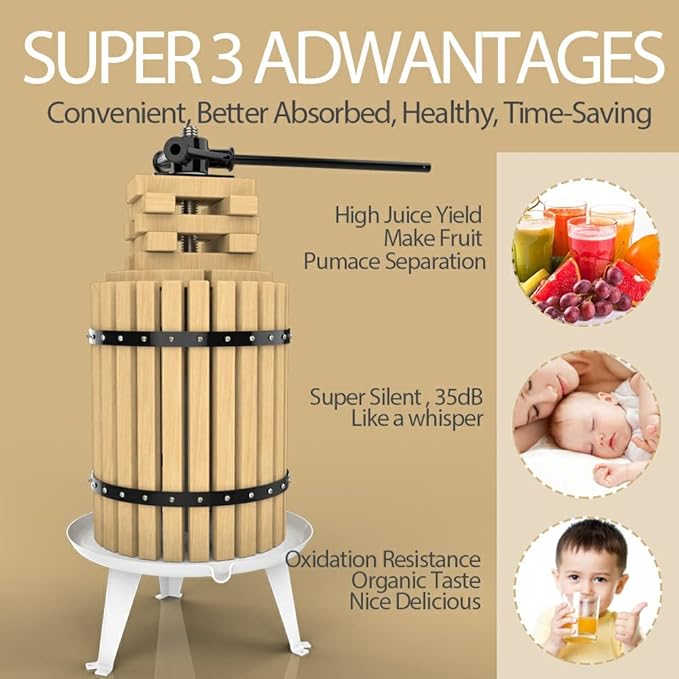 SQUEEZE master Fruit Press-4.75Gallon/18L-Solid Wood Basket Wine Press-Vintage traditional juicer-6 Press Wooden Blocks-Pole Handle Bar for Juice,Wine,Cider-1 free filter bag included