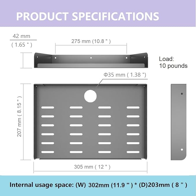 JINGCHENGMEI Metal Floating Wall Mounted Shelf Bracket for AV, TV Accessories, WiFi Router, TV Box, Cable Boxes, DVD Player, Games Consoles or Other Small Projectors (12 inches Width)