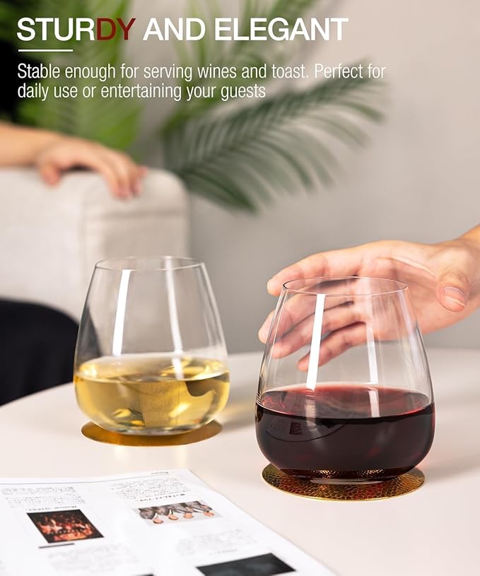 LUNA & MANTHA Stemless Wine Glasses Set of 6, 14.5oz Red White Wine Glass,Premium Hand Blown Crystal Glasses for Daily Use and Special Days, Perfect Gifts for Men and Women