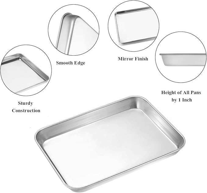 Wildone Baking Sheet Set of 2 - Stainless Steel Cookie Sheet Baking Pan, Size 9 x 7 x 1 inch, Non Toxic & Heavy Duty & Mirror Finish & Rust Free & Easy Clean