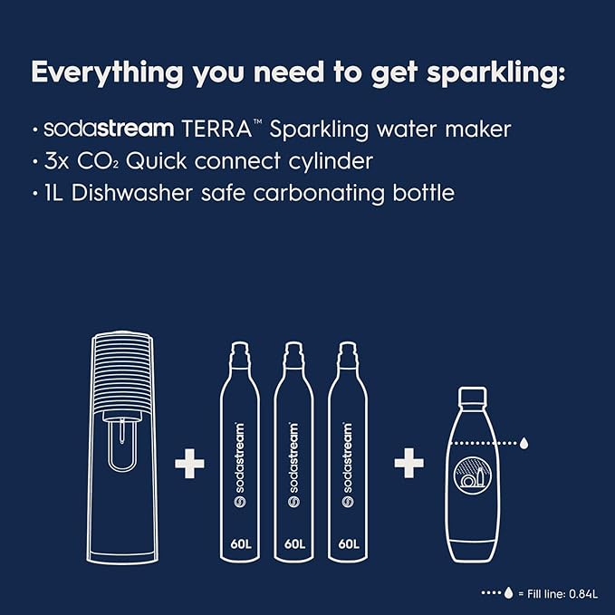 SodaStream Terra Sparkling Water Maker Bundle in Black - includes 3-Pack CO2 and Carbonating Bottle