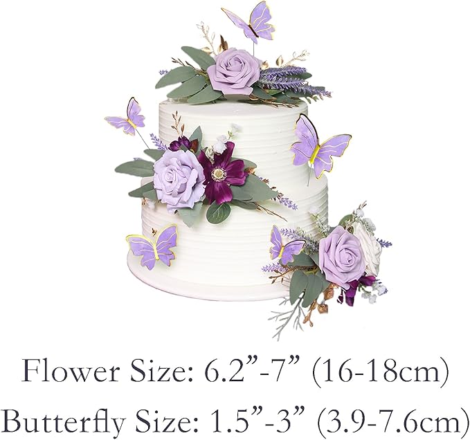 Rinlong 3Pcs Pre-made Purple Cake Flowers Decorations Flower Cake Topper Butterfly Cake Decorating Flowers for Wedding Sweet 16 Birthday Girl