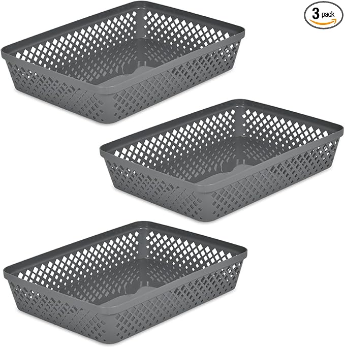 Glad Plastic Storage Basket Set - Multipurpose Drawer Trays, Kitchen Pantry Containers, and Bathroom Bins - 3 Pack Large Organizers, Grey