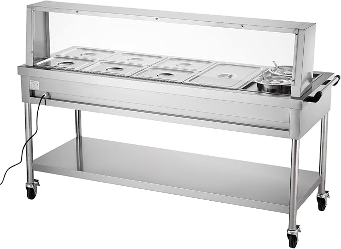 VEVOR Commercial Electric Food Warmer, 7 Pans + 2 Pots Steam Table, 1800W Professional Buffet Catering Food Warmer with Shield Undershelf Wheels, Stainless Steel Server for Party Restaurant