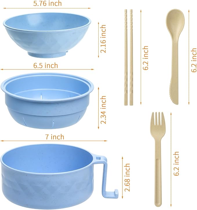 Ramen Cooker,32oz Ramen Bowl Set,Microwave Ramen Bowl, Microwave Bowl with Lid, Portable Noodle Bowls,for Home Office Dorm Room College gift (Light Blue)