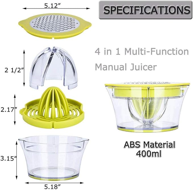 Citrus Lemon Orange Juicer Manual Hand Squeezer with Built-in Measuring Cup and Grater, 12OZ, Green