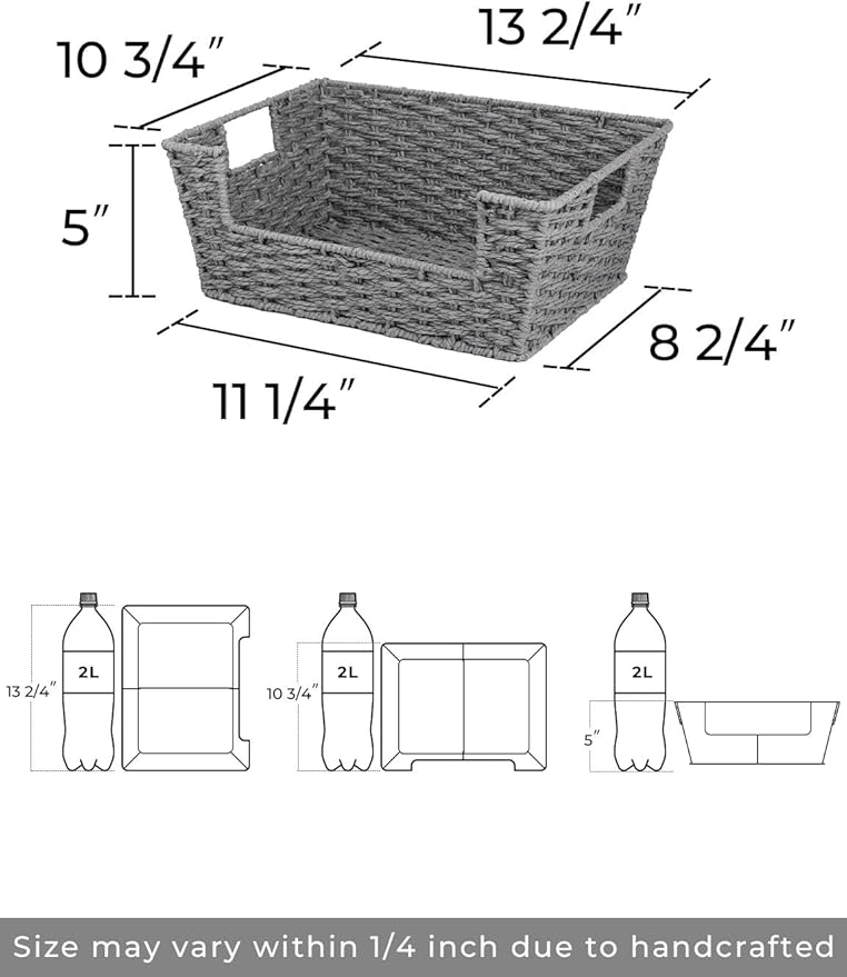 StorageWorks Round Paper Rope Woven Basket for Pantry Organizers and Storage, Stackable Wicker Pantry Baskets for Shelves, Grey, 2-Pack