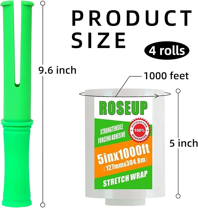 ROSEUP Clear Stretch Wrap Film 5" x 1000ft Roll with Handle, 80 Gauge Thick Cling Plastic Wrap for Moving, Pallet Wrap, Self Adhering Packaging Heavy Duty Shrink Film, 4 Pack