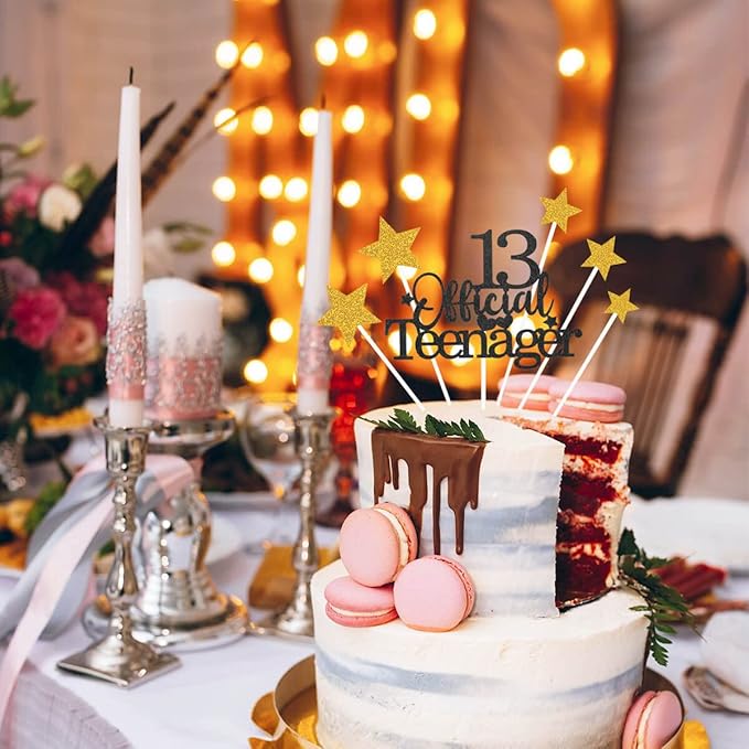 Glittery 13 Ofiicial Teenager Cake Topper with Star,13th Happy Birthday Cake Topper Party Decorations Party Supplies for Boys Girls Black Gold