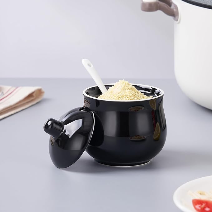 Ceramic Sugar Bowl with Lid and Spoon, Black Porcelain Sugar Salt Pepper Storage Jar, 8 Ounces