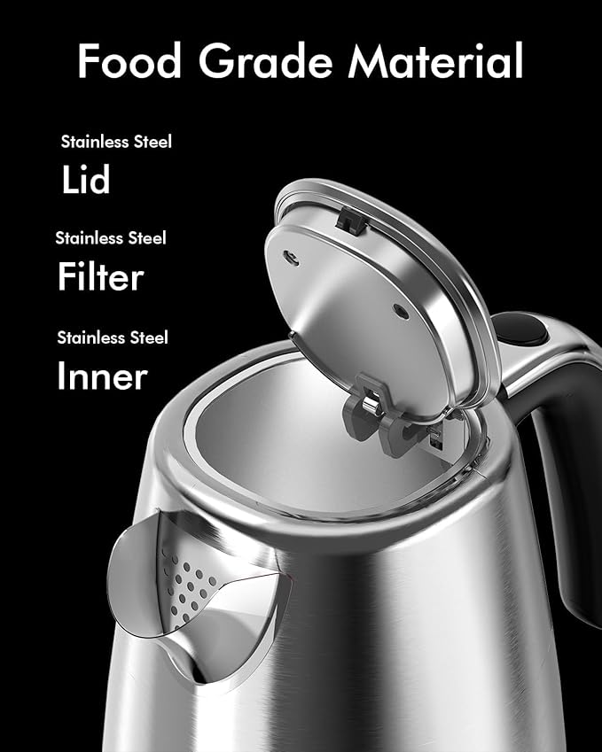 Electric Kettle Stainless Steel, 1.7L 1500W Quick Boil, Retro Style, Auto Shutoff, Boil Dry Protection with Filter & Water Gauge, Perfect for Tea, Hot Water