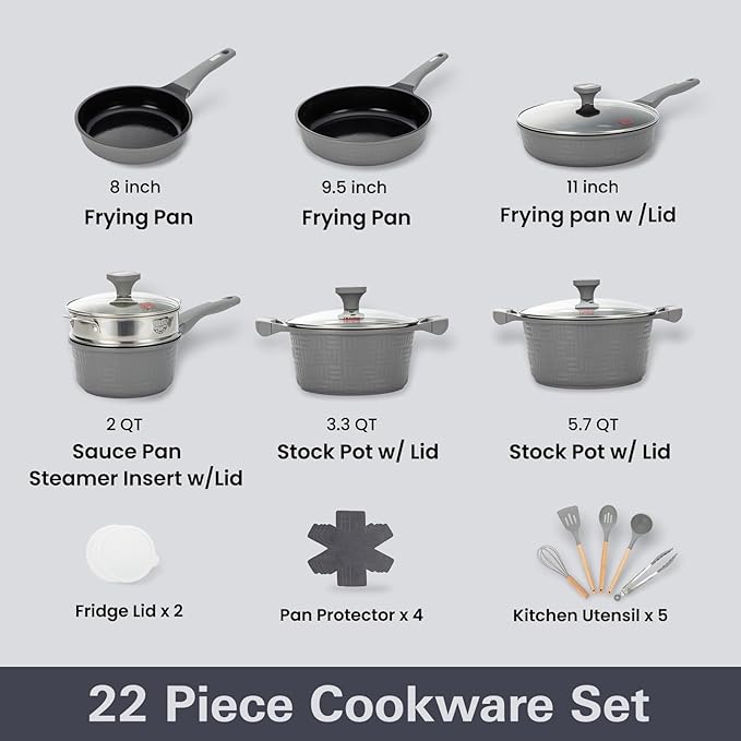 UCCLIFE 22-PCS Pots and Pans Set Non Stick, Induction Cookware Set, Non-toxic Kitchen Cooking Set, Frying Pan, Saucepan Stock Pot Kitchen Utensils Dishwasher Safe, Scratch-resistant (PFAS, PTEF Free)