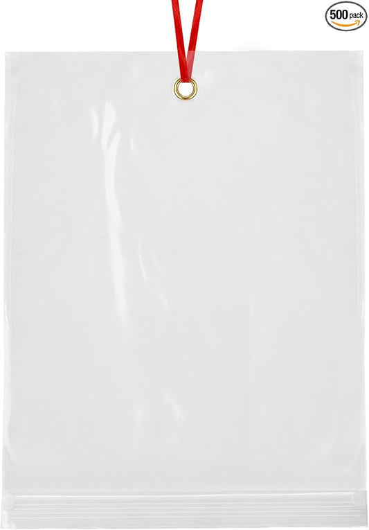 GPI - 10" x 13" Reclosable Zip Bags with Bottom Hang-hole & Pre-inserted 12" Twist-tie. 4 Mil Heavy-duty Resealable Zipper Baggy with Grommet/Metal Eyelet for Hanging (Insert Size 10x11.5) 500 Pack