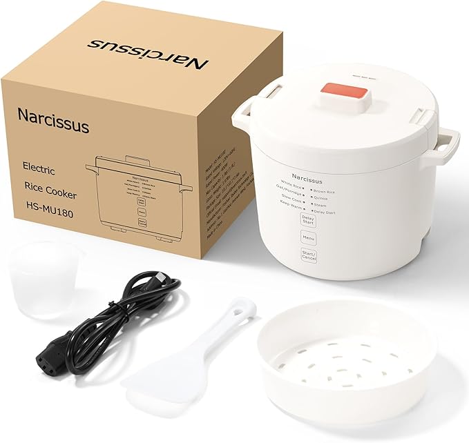 Narcissus 3.5-Cup Rice Cooker for 1-3 People, Multifunctional for Rice, Oatmeal, Quinoa - Slow Cook, Steam, Cook Rice & Steam Dish Together, White