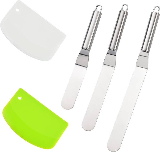 2 Pcs Dough Scraper and 3 Pcs Stainless Steel Cake Icing Spatula for Baking, Flexible Bowl Scraper Dough Cutter Bench Scraper for Cake Dough Bread Pastry Pizza