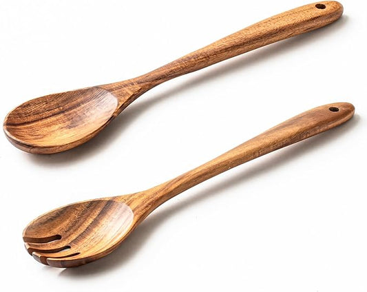 Gudamaye Acacia Wooden Salad Server Set,13 inch Salad Tongs for Serving including Salad Mixing Dinner Fork and Spoon,Long Handle Salad Server Set