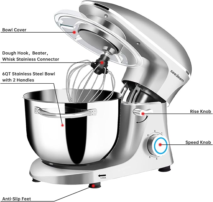Seedeem Stand Mixer, 6Qt Electric Food Mixer, 660W 6-Speeds Tilt-Head Dough Mixers with Dishwasher-Safe Dough Hook, Wire Whip & Beater for Daily Use, Silver