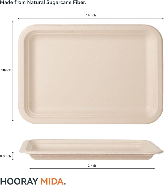 50 Pack 14-Inch Heavy-Duty Compostable Food Trays | Extra Large Disposable Platters for BBQ, Seafood Boils, Catering & Holidays | Eco-Friendly Paper Serving Trays