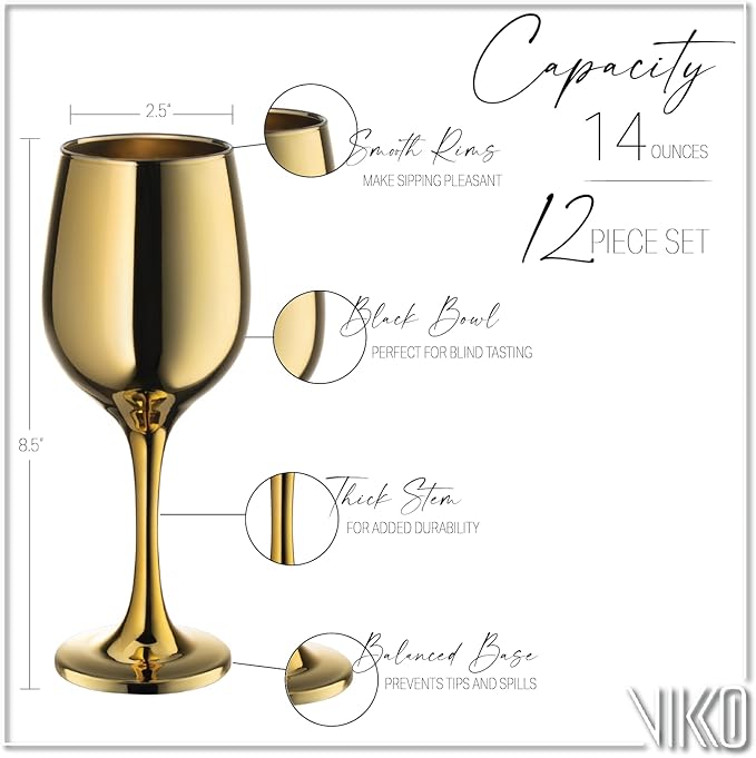 Vikko Décor Wine Glasses, 14 Oz Fancy Wine Glass With Stem For Red And White Wine, Thick And Durable Wine Glass, Dishwasher Safe, Great For Wine Tasting, Set Of 12