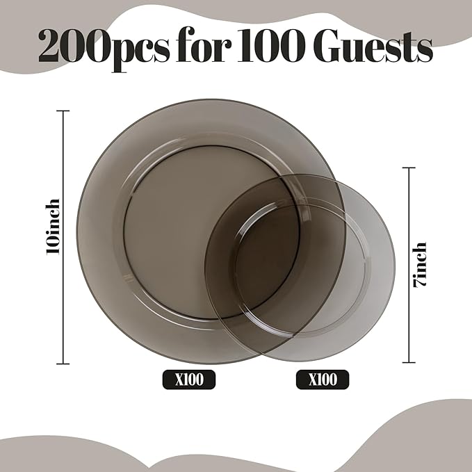 I00000 200 Pcs Clear Black Plastic Plates, Black Disposable Party Plates Include 100 Dinner Plate 10’’ and 100 Dessert Plate 7’’ Perfect for Birthday, Party & Wedding