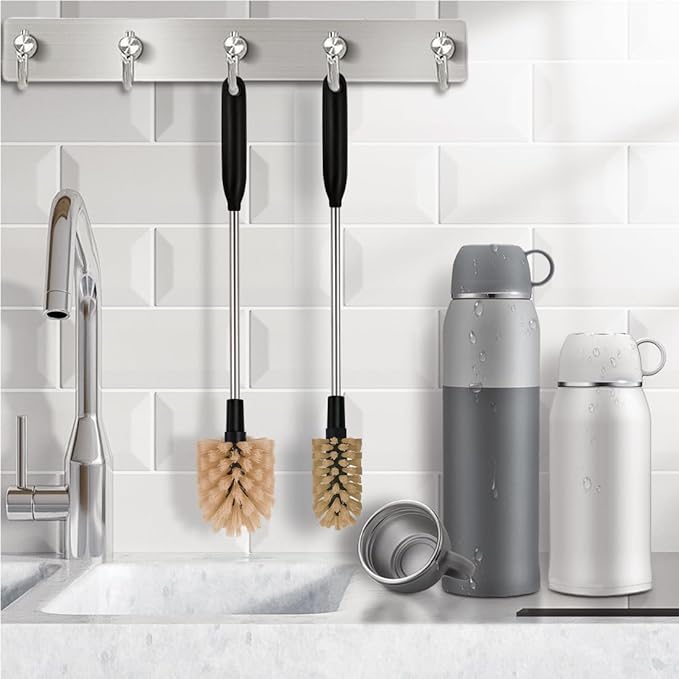 2-in-1 Long Handle Bottle Brush - Water Bottle Cleaning Accessories - Flexible Scrub Brush for Water Bottles,Mugs, Glasswares - with Replacement Brush Heads，Dishwasher Safe Reusable，Brown