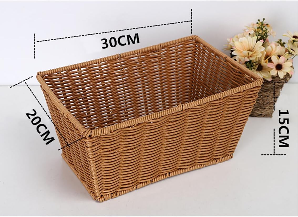12" Poly Wicker Bread Basket, Hand Woven Food Storage Room Organizer, Fruits, Vegetables and Snacks Tabletop Food Serving Basket, Restaurant, Hotel Service, Brown (11.9x8x5.9)