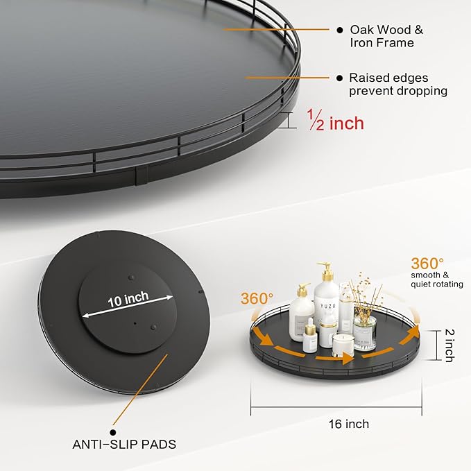 16" Oak Wooden Lazy Susan Turntable for Dining Table, Large Round Lazy Susans Organizer for Kitchen Countertop, Tabletop 360°Rotating Tray for Spice Organization and Storage Black Home Decor