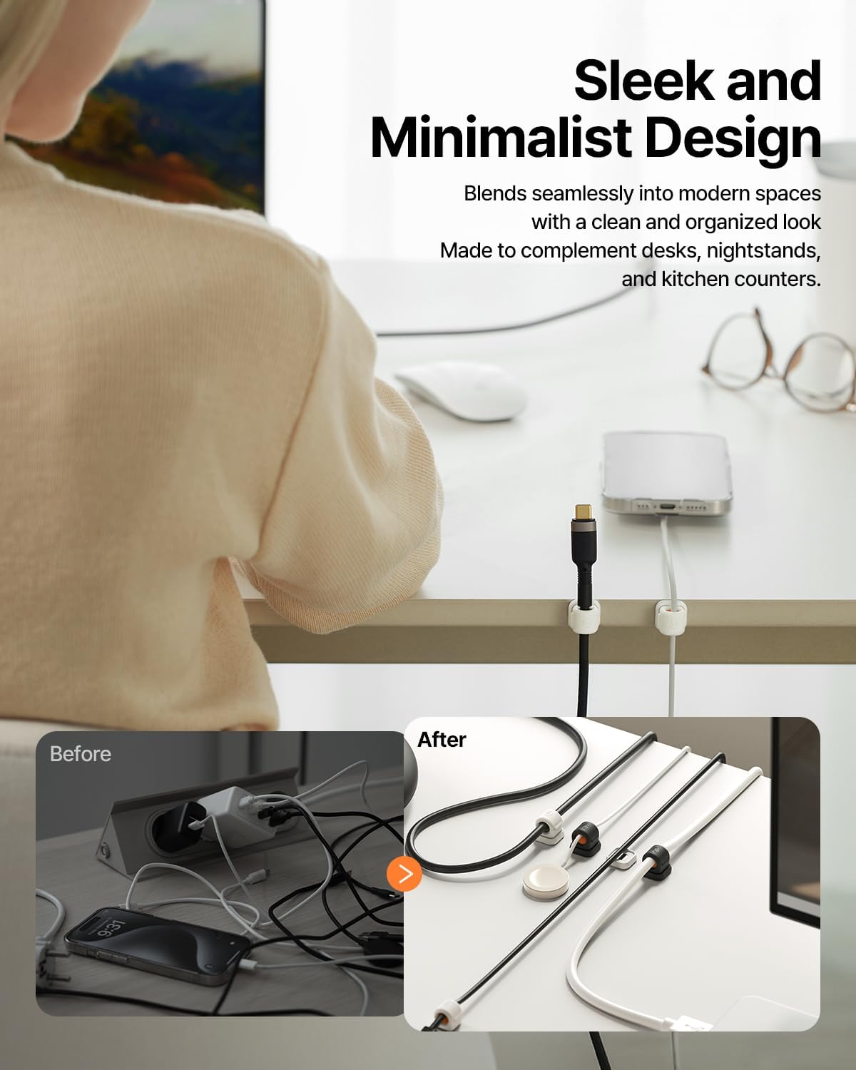 6 Pack Sinjimoru Magnetic Cable Clips, Compact Size Cord Organizer & Cable Management for Desk, Nightstand & Car, Fits up to 7.5mm Cables, Black