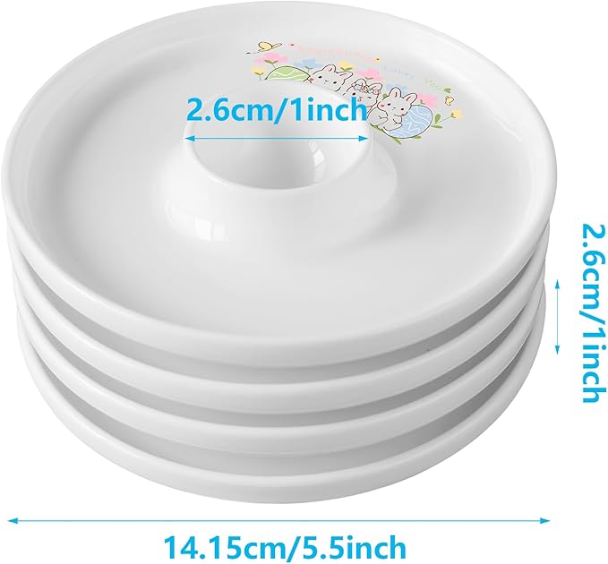 Cinf EggHolder & Spoon Set 4 Ceramic Egg Holders + 4 SS Spoons Breakfast Plate Easter Rabbit 5.5'' Food Container Egg Tray Dinner Serving for Hard Boiled Eggs, Easter & Deserts Kitchen