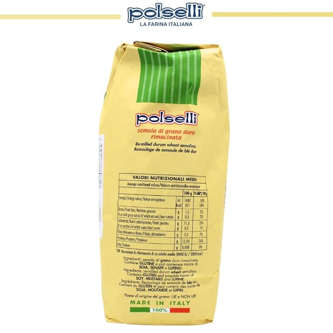 POLSELLI Italian Semola Flour, 11 lbs (5 kg), Fine Ground Semolina Rimachinata for Fresh Pasta, Bread, Grano Duro, Product of Italy, Durum Wheat, Unbleached, Natural, No additives, Index W240 (+0-5%)