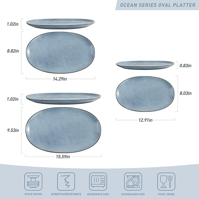 famiware Serving Platter, Oval 15.59/14.3/12.9inch Serving Dishes for Entertaining, Serving Bowls, Reactive Glaze, Stoneware Serving Trays for Party, Food, Turkey, Cheese, Ocean Series, Blue