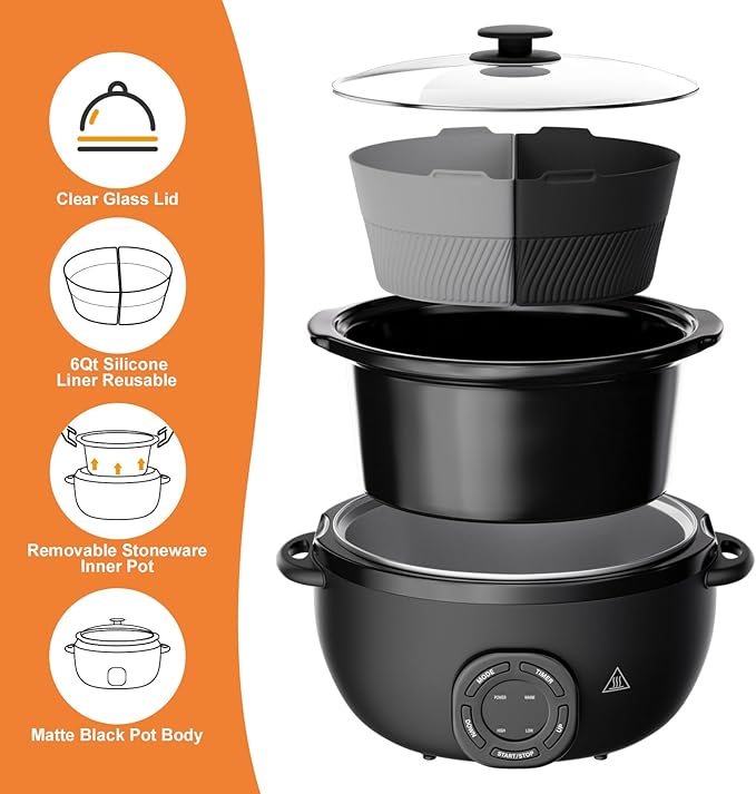 7-Quart Oval Slow Cooker Electric with Nonstick Removable Pot, 3 Temp Settings, Programmable, Dishwasher Safe