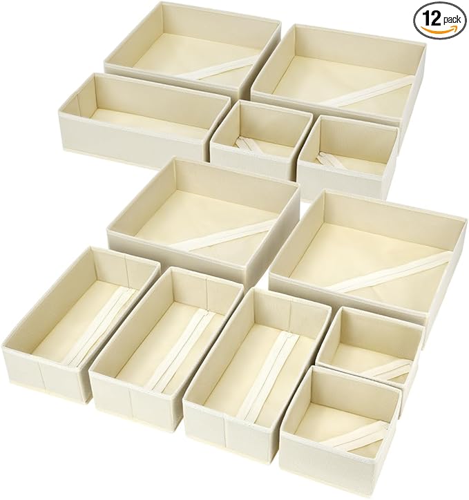 DIMJ Drawer Organizer Clothes, 12 Pack Dresser Organizer, Foldable Closet Organizers and Storage, Fabric Dresser Bins, Drawer Dividers for Nursery, Baby Clothes, Underwears, Sock (Beige)