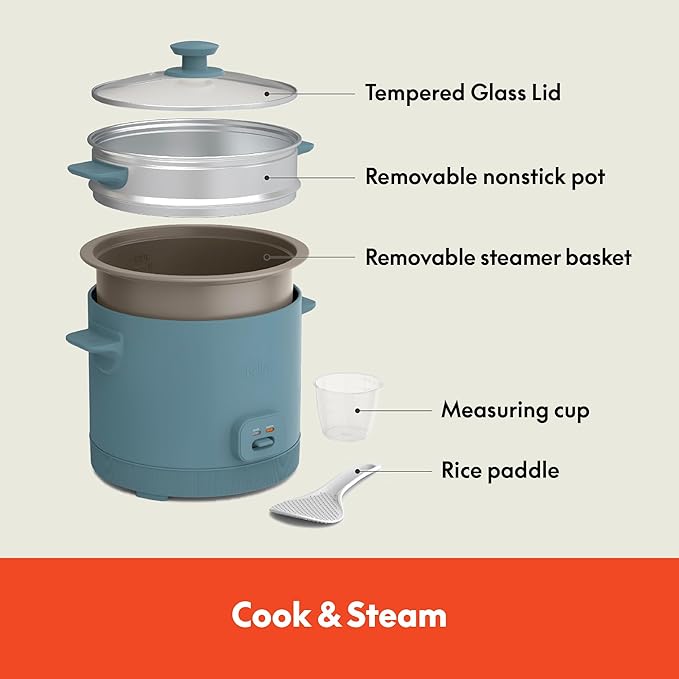 bella 16 Cup Rice Cooker with Steamer, Dishwasher Safe Steaming Basket, Rice Paddle and Measuring Cup, Removable Nonstick Cooking Bowl, Automatic Keep Warm Function, 400 Watt, Surf