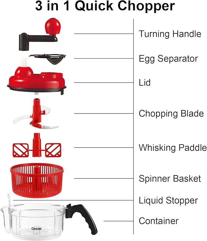 Geedel Hand Food Chopper, Quick Manual Vegetable Processor, Easy To Clean Rotary Dicer Mincer Mixer Blender for Onion, Garlic, Salad, Salsa, Nuts, Meat, Fruit, Ice, etc