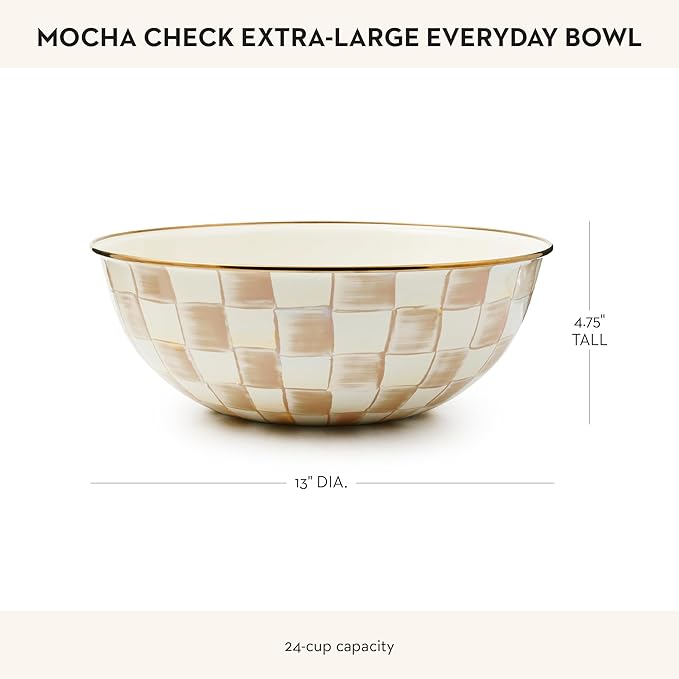 MACKENZIE-CHILDS Enamel Everyday Bowl, Serving Bowl for Entertaining, Extra Large, Brown-and-White Mocha Check