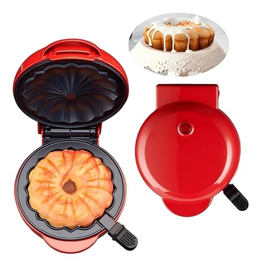 Cake Maker Machine for Lava Cake, Mini Donuts, Waffles, Pancakes - Breakfast, Snacks, Desserts - Non-stick Surface, Double-sided Heating, Red
