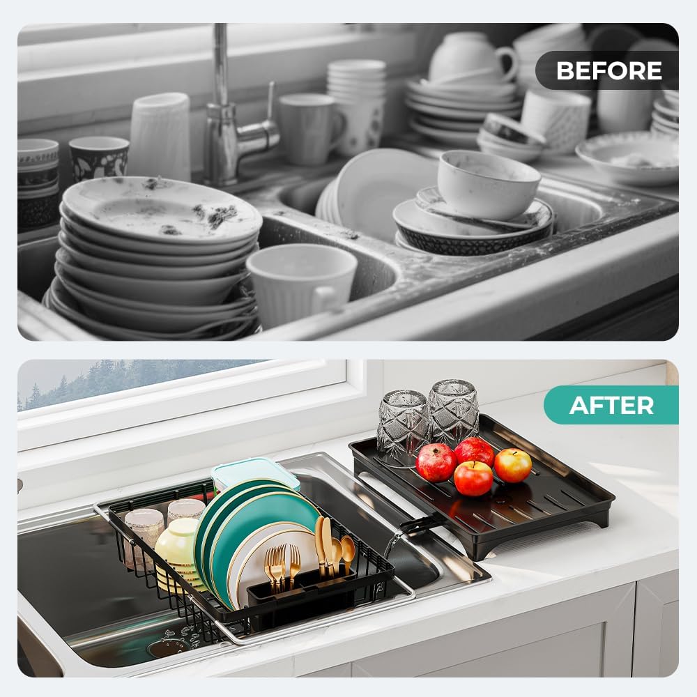 Small Dish Drying Rack in Sink, Expandable Stainless Steel Dish Drainers for Kitchen Counter, with Drain Board & Utensil Holder(Black)