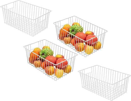 16Lx12Wx6H inch Wider Freezer Organizer Baskets Container, Refrigerator Metal Wire Storage Bins with Handles for Kitchen, Pantry, Cabinet, Closets - Pearl White（4 Packs