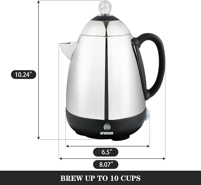 Electric Coffee Percolator Stainless Steel Coffee Maker with Clear Brew Progress Knob and No-Drip Spout Auto Keep Warm & Cordless Serving Coffee pot with On/OFF Switch Fast Brew (10 Cup)
